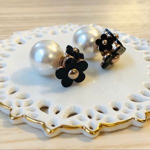 Elegant Pearl and Black Flower Earrings